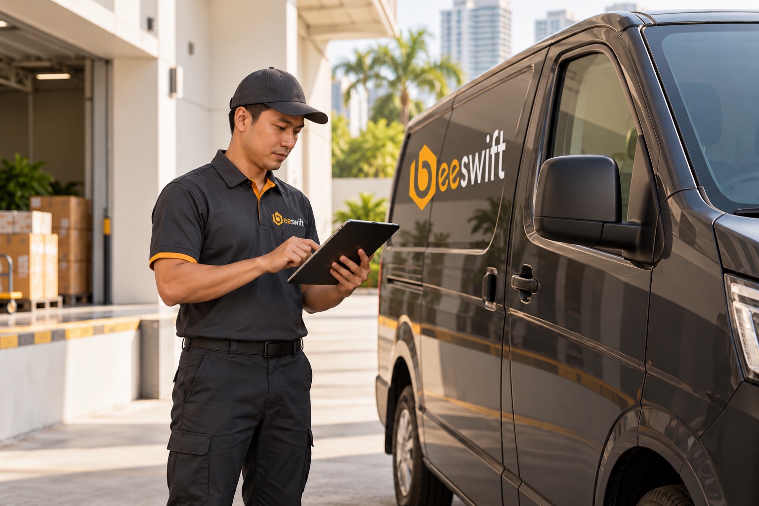A driver reviewing a route beside a delivery van
