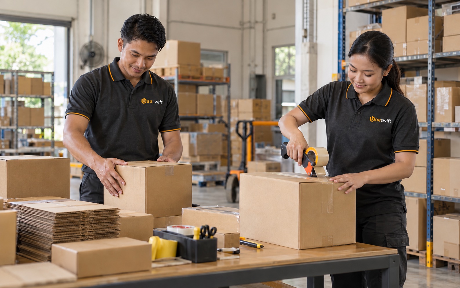 Logistics workers preparing parcels at a packing bench