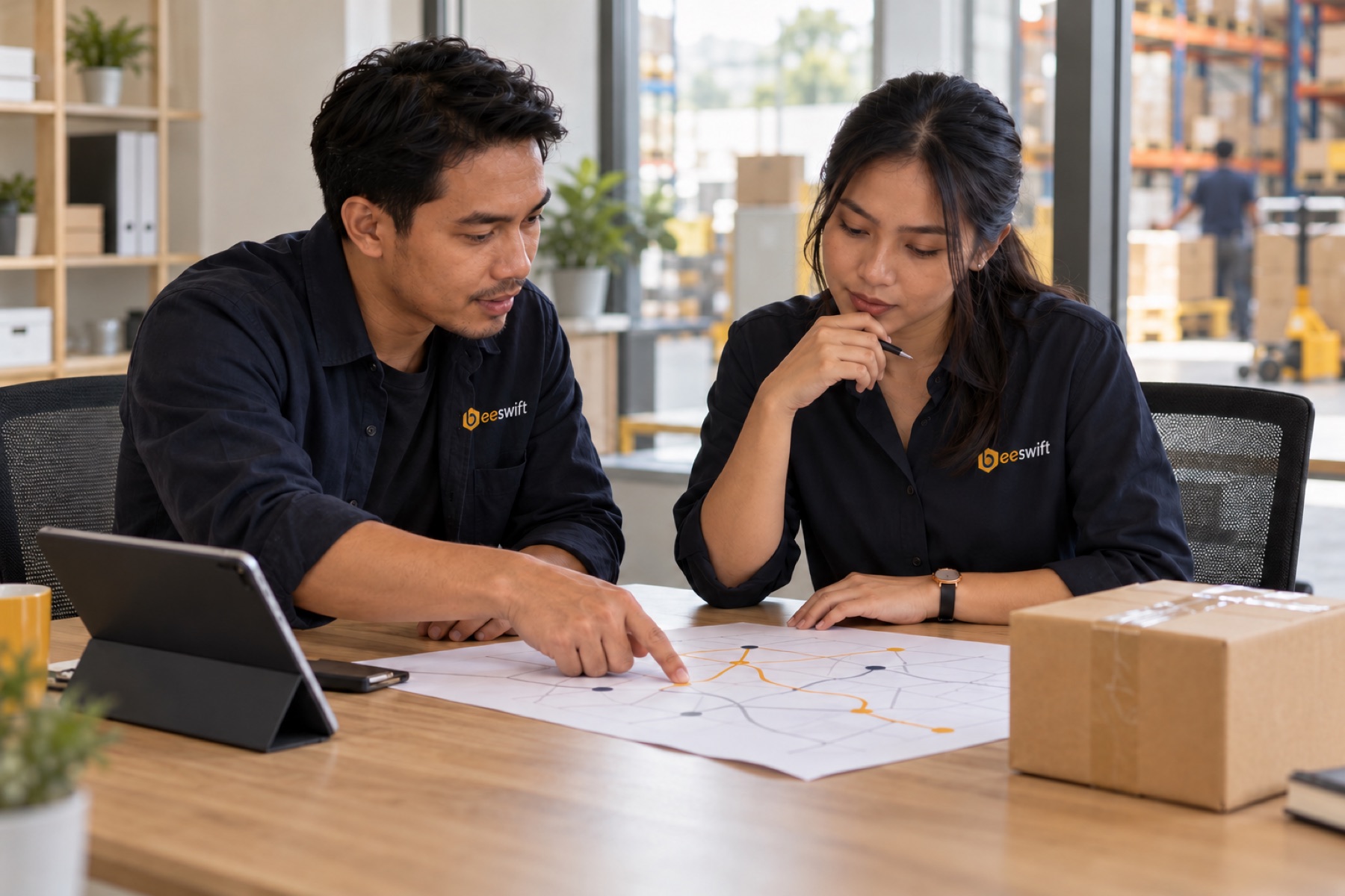 Two logistics coordinators discussing a route and schedule